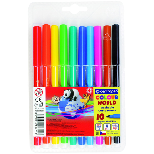 Фломастеры Centropen "Colour World", 10цв., трехгранные, смываемые, блистер,7 7550 1084