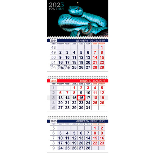 Календарь настенный квартальный 2025 г, Хатбер, 3-х блочный, 300х775мм, Год змеи, 3Кв3гр3_31513