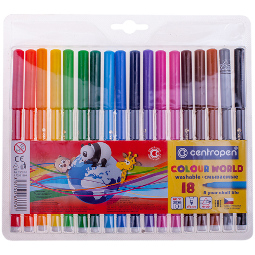 Фломастеры Centropen "Colour World", 18цв., трехгранные, смываемые, блистер, 7 7550 1884