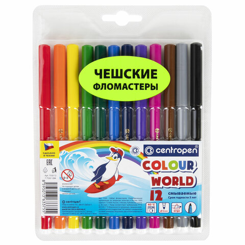 Фломастеры 12цв CENTROPEN "Colour World", круглые, смываемые, 7 7550 1284