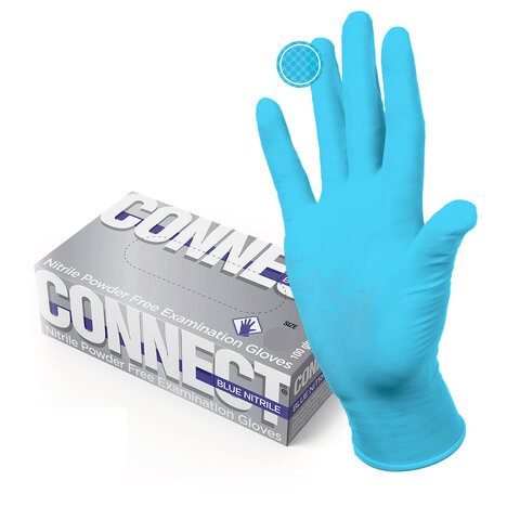 Перчатки смотровые нитриловые CONNECT, голубые, 50 пар (100 штук), размер L  большие)