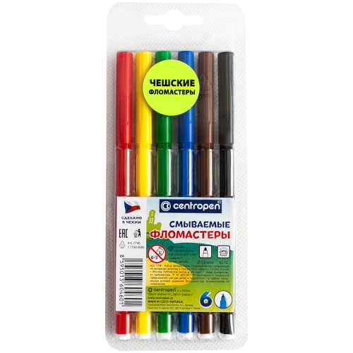 Фломастеры 6цв Centropen "Washable", смываемые, блистер, 7 7790 0685 